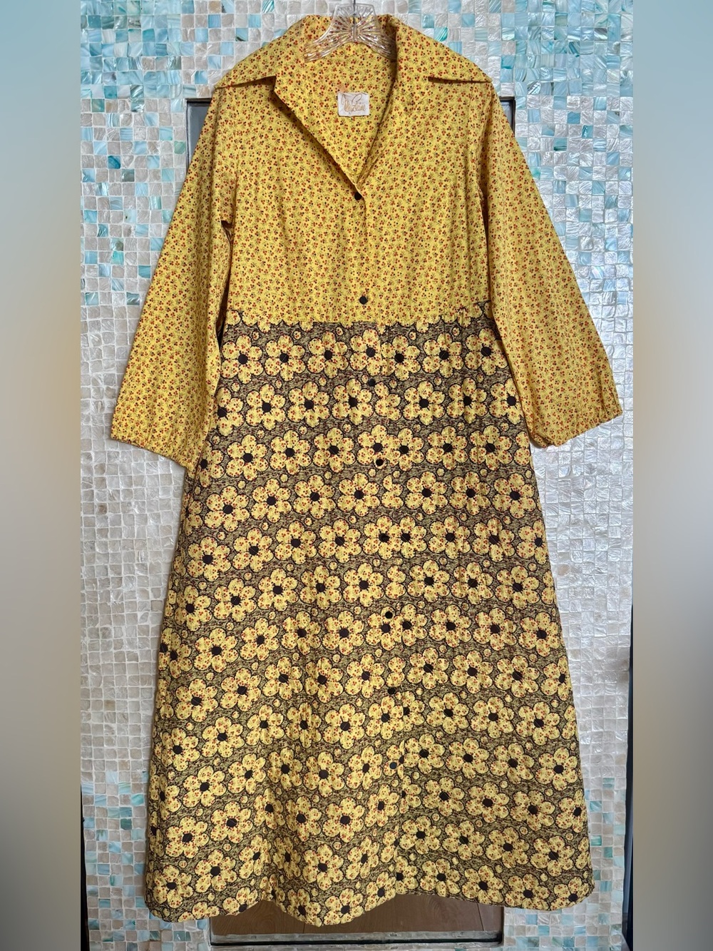 Vintage 70s Miss Elaine Yellow Floral Quilted Mixed Pattern Maxi Robe Sz M